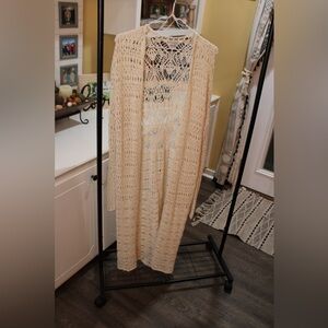 Boho Crochet Long Duster Cardigan – Cream